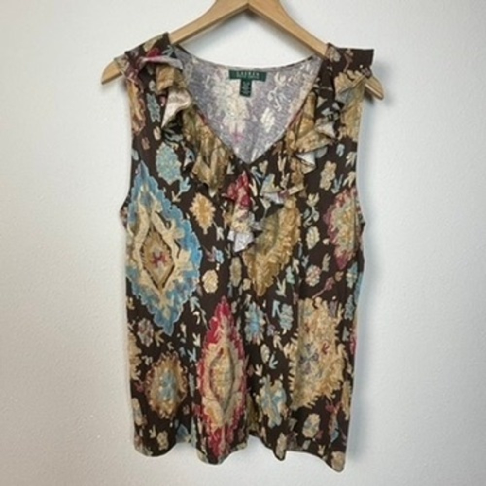 Ralph Lauren Floral Print Sleeveless Ruffled V-Neck Top Women's Size XL